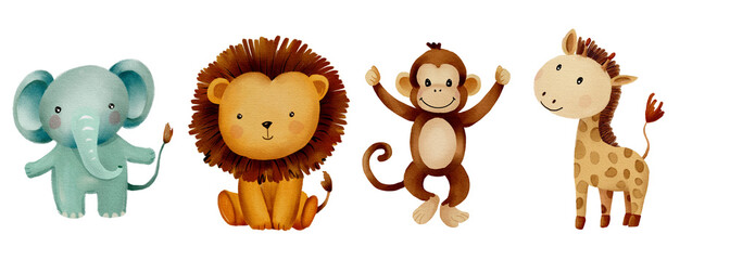Cute watercolor giraffe and monkey, lion and elephant illustration