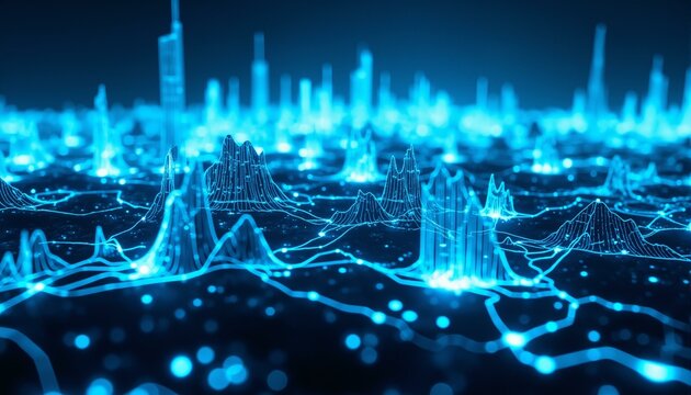 Geometric peaks and valleys of sound frequencies illuminated by eerie blue light, like ghostly cityscapes at dusk.