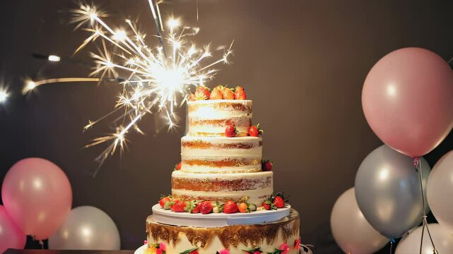 Celebratory sparkling cake with berries and balloons: a festive display of joy and elegance