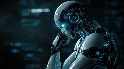 AI Humanoid Robot Deep in Thought with Cybernetic Glow