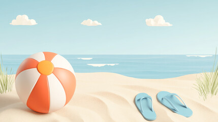 Beach scene with orange-white beach ball and blue flip-flops on sandy shore