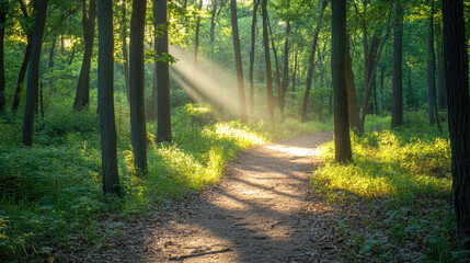 Obraz premium Sunlight streaming through trees on a serene forest path