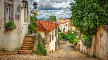 Portugal Alleyway, Cloudy Sky, Historic Town, Tourist Destination