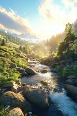 Obraz premium Mountain river flows through lush valley with sunlight illuminating the landscape near majestic peaks at dawn
