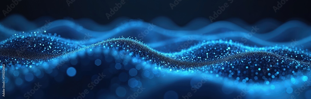 Poster tech abstract background shows wavy texture with blue blurred particles. creative cyberspace backdro