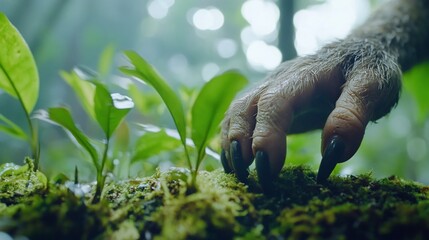 Fototapeta premium Monkey hand, rainforest plants, misty background, nature documentary