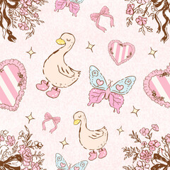 Retro goose with Bow pattern seamless Coquette Clipart Set: Y2K Aesthetic, Bows, Vintage 2000s Nostalgia, Pastel Pink, Whimsical Y2K Coquette goose with Bow Clipart: Retro Aesthetic with Bow