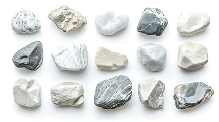 Collection smooth and rough white stones in various shapes and sizes, arranged aesthetically, isolated on white background