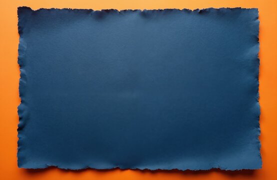 Craft navy blue paper texture background with orange border. Macro structure of ultramarine cardboard canvas. Blank vintage indigo frame with empty space, wrinkled decorative wallpaper. Design