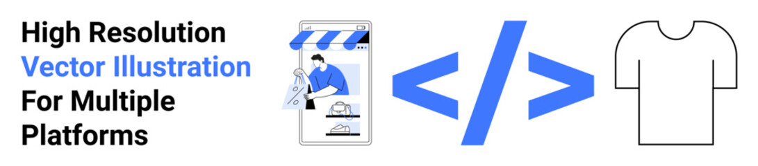 Smartphone displaying e-commerce store, expansion icon representing coding, and a t-shirt symbol. Ideal for e-commerce, web development, customization, technology, marketing, programming flat