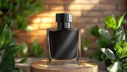 Black perfume bottle, wooden display, foliage