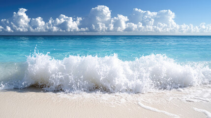 Fototapeta premium Vibrant ocean waves crashing on sunny sandy beach with clear blue skies