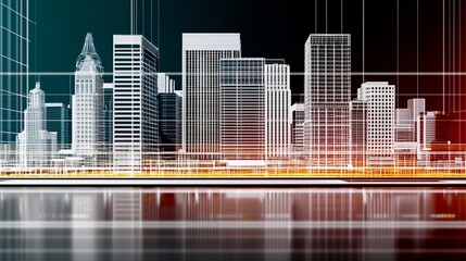 Obraz premium Futuristic city skyline, architectural design, with digital overlay.