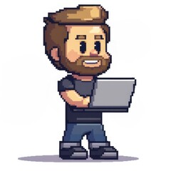 a smiling man with a laptop. successful freelancer. isolated color illustration on a white background in pixel art style.