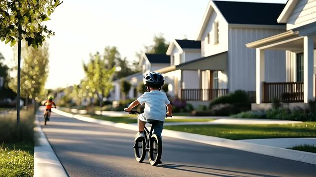 Child riding bike cheered by neighbors in cul-de-sac neighborhood