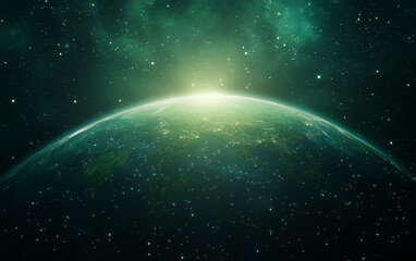 Obraz premium A stunning view of planet Earth from space, illuminated by a glowing sunrise, surrounded by stars and a cosmic atmosphere.