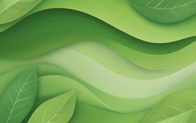 A vibrant green abstract background featuring layered wavy shapes and leaf elements, creating a fresh and eco-friendly design aesthetic.
