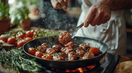 Chef Cooking Delicious Meatballs Rustic Kitchen Food Photography