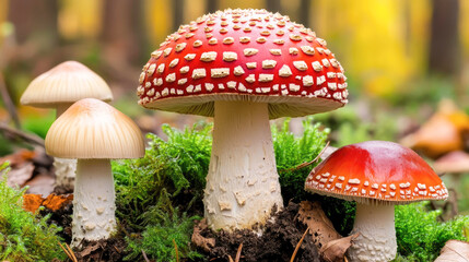 Fototapeta premium Vibrant red and white fly agaric mushrooms in forest setting