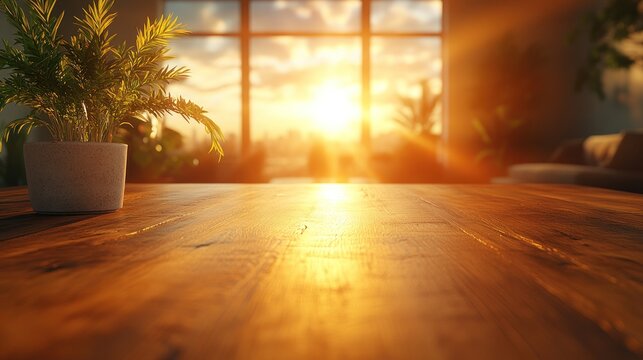 Fototapeta Sunset city view wooden table product display