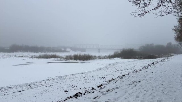 embankment of the city of Zhlobin, Republic of Belarus in winter