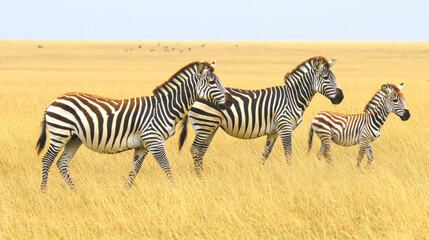 Obraz premium Zebras grazing in golden savanna landscape with clear sky