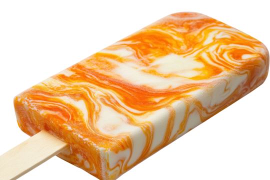 Colorful ice cream pop with orange and white swirls on a wooden stick in a studio setting