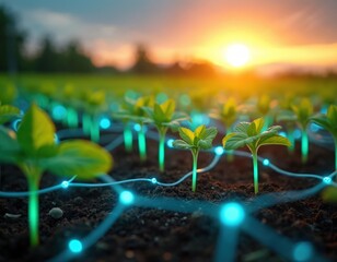 Young plants connected by digital networks in field, symbolize innovation in smart farming for sustainable growth. Modern agriculture tech, datum monitoring system. Sun is at horizon.
