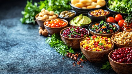 Fototapeta premium Colorful assortment of fresh salads and vegetables on a rustic table