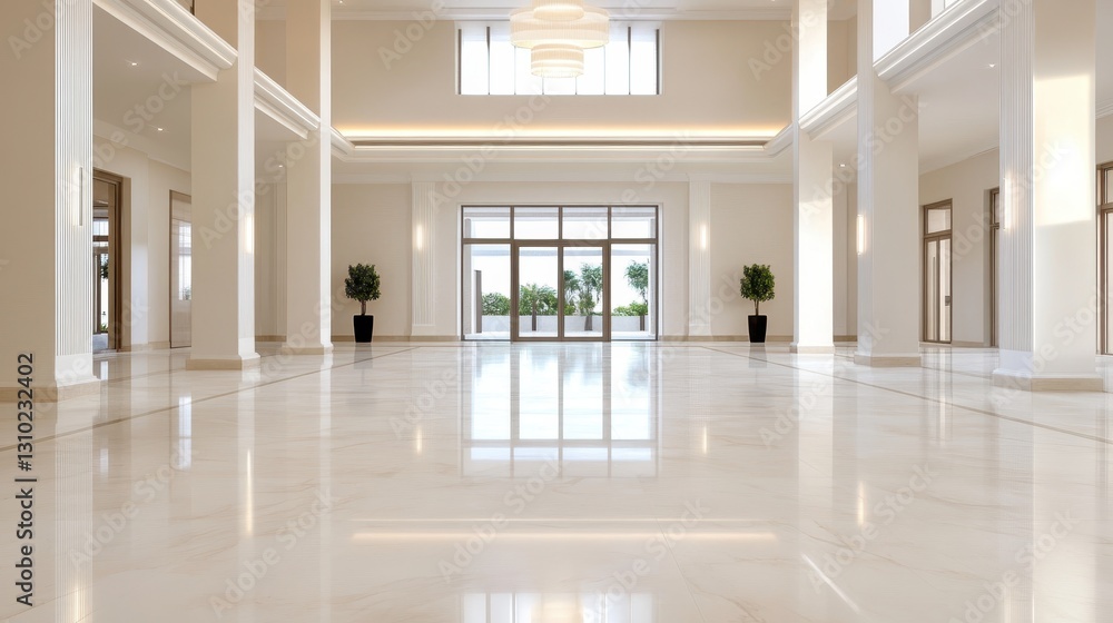 Poster large empty hall with marble floor and columns reflecting the light coming from the large windows, c
