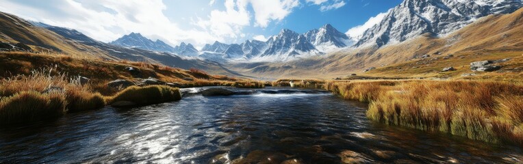 Fototapeta premium Mountain river flowing through a serene valley with majestic peaks under a clear blue sky during daytime