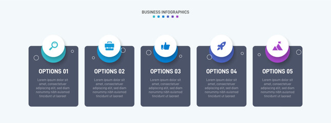 Horizontal progress bar featuring 5 arrow-shaped elements, symbolizing the five stages of business strategy and progression. Clean timeline infographic design template. Vector for presentation