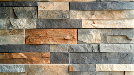 Multicolored stacked stone wall with varied texture and natural tones