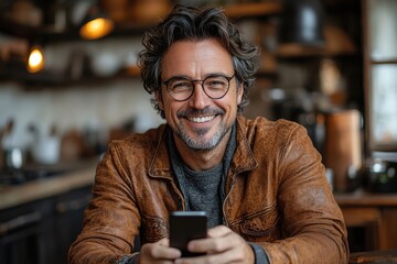 Smiling man wearing glasses using a smartphone in a cozy kitchen setting