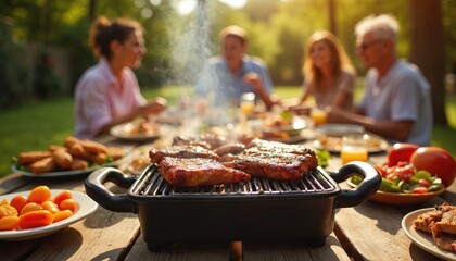 Friends and family enjoy barbecue picnic in sunny summer garden. Juicy steaks grilled, diverse food on wooden table. People eat together, have fun laughing and drinking outdoors.