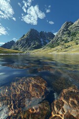 Fototapeta premium Mountain river flowing calmly through rocky terrain on a clear sunny day surrounded by towering peaks