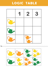  Logic game for children. Logic table worksheet for kids. Cut and match worksheet for preschool children.