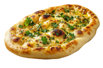 Freshly baked garlic naan with herbs served hot and ready to enjoy in a traditional dining setting