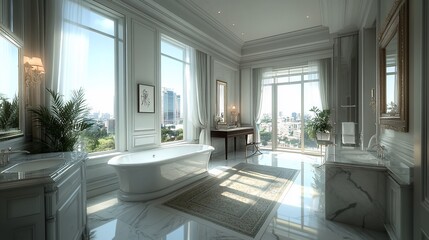 Fototapeta premium Luxurious city-view bathroom, sunlight, marble, tub, design