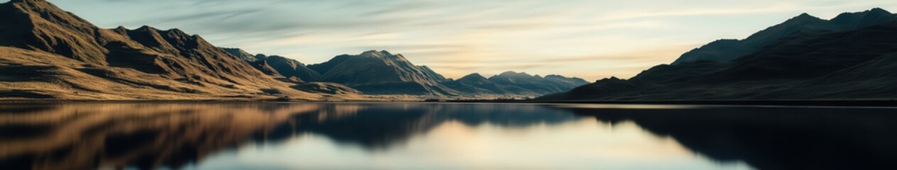 Fototapeta premium Mountain river reflects serene landscape under soft sunlight at dawn in a tranquil setting