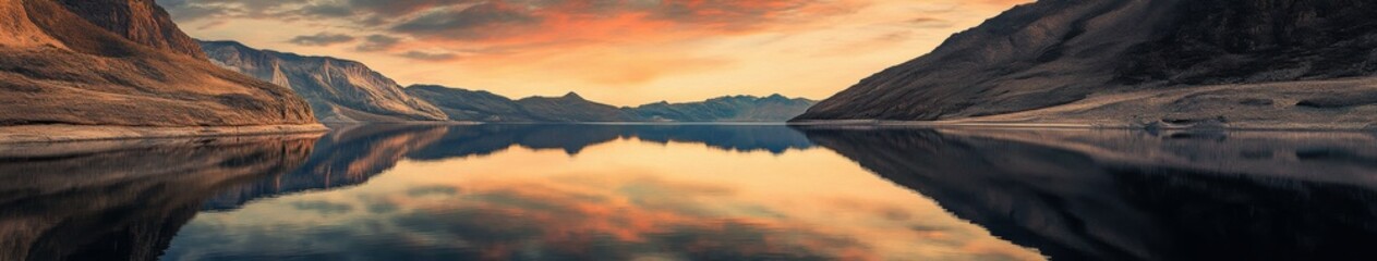 Fototapeta premium Majestic mountain river reflecting the vibrant colors of sunset in a serene natural landscape