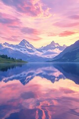 Fototapeta premium Mountain river reflecting stunning sunset colors near majestic peaks in serene landscape