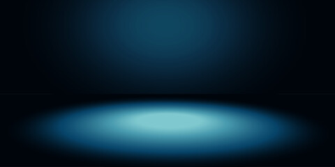Dark studio with blue and black gradient background, spotlights on floor and smooth walls, empty interior for product display in night tones with glossy effect, for cars, motorcycles, modern technolog