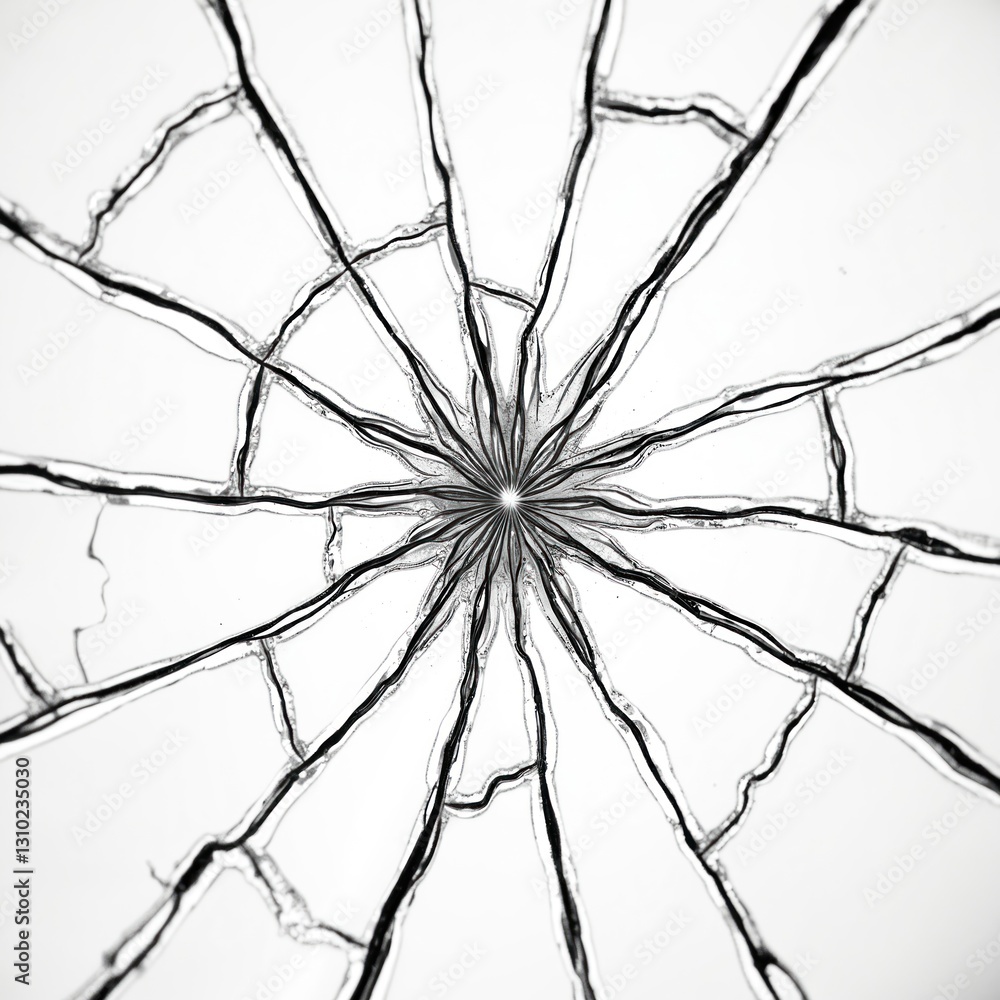 Poster abstract design with cracked broken glass. black lines radiate, creating shattered effect on transpa