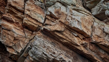 A jagged, golden-brown and beige rock formation with pronounced horizontal fractures. The weathered surface showcases natural geological patterns.