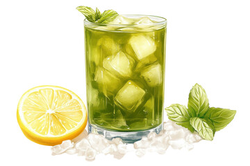 Refreshing mint beverage with lemon and ice garnished with fresh mint leaves on a white background
