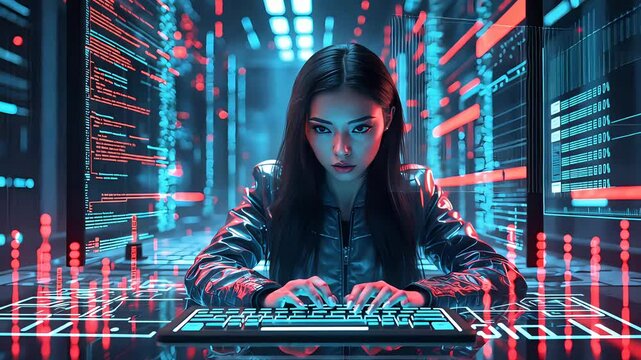 Female hacker working on a computer in a dark room with red digital code floating around
