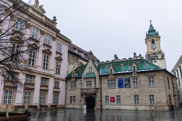 Fototapeta premium Primate's Palace and Old Town Hall rising over courtyard in Bratislava