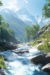 Fototapeta premium Mountain river flows through lush greenery beneath snow-capped peaks in vibrant sunlight