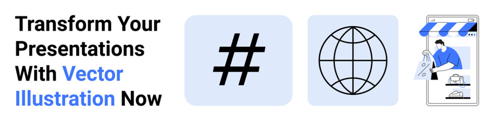 metadata tag symbol, globe representing global reach, person managing an online store. Ideal for digital marketing, branding, social media, e-commerce, internet trends, presentation focus flat